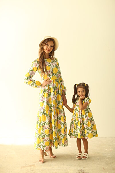 KÜÇÜĞÜM BUTİK Tesettür Limon Desen Kat Kat Anne - Kız Kombini (TEKLİ SATILMAKTADIR)