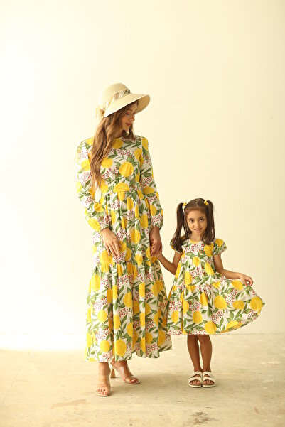 KÜÇÜĞÜM BUTİK Tesettür Limon Desen Kat Kat Anne - Kız Kombini (TEKLİ SATILMAKTADIR)