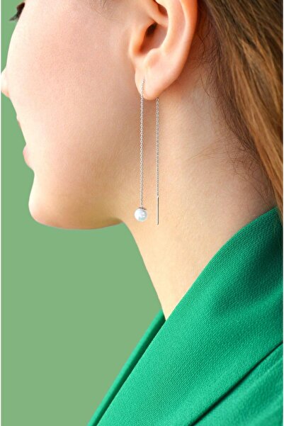 Sacce Scarves&Accessories İncili Uzun Zincir Küpe Geçmeli İncecik Zincir Küpe Dolanan Model İncili Gümüş Renk