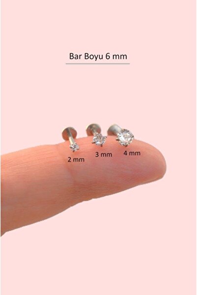 Sacce Scarves&Accessories Tektaşlı 3'lü Set Çelik Piercing Tragus Helix Kıkırdak Lob Burun 6 mm Gümüş Renk