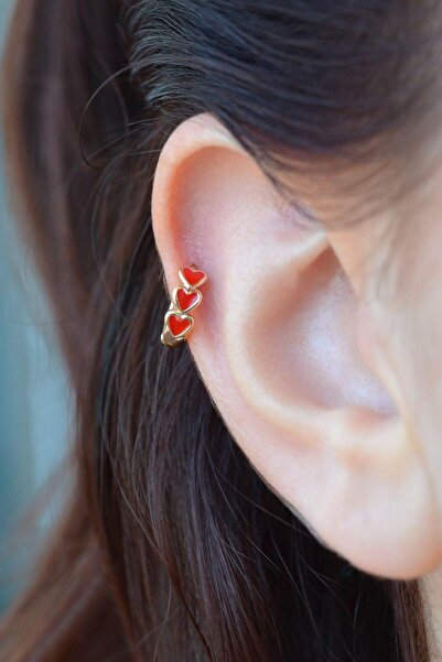 Sacce Scarves&Accessories Sıralı Kırmızı Kalpli Helix Piercing Kıkırdak Küpesi Lob Tek Adet