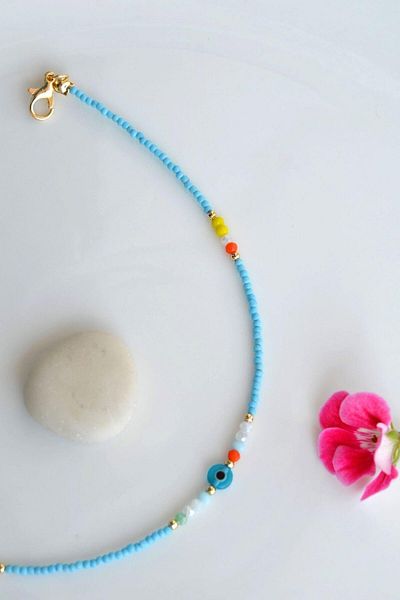 Sacce Scarves&Accessories Small Evil Eye Blue Sand Beaded Anklet
