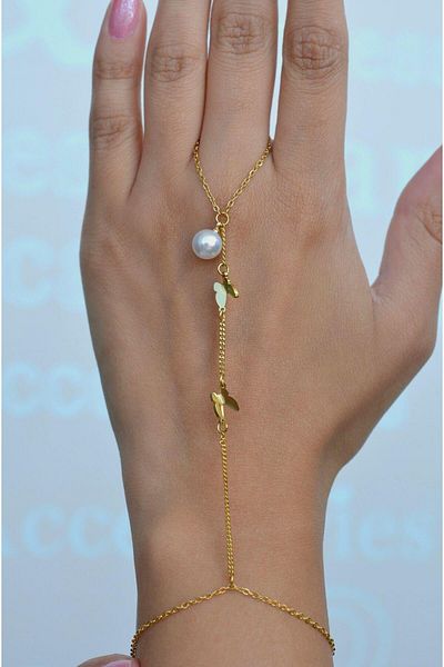Sacce Scarves&Accessories Pearl Detailed Butterfly Steel Shahmaran Gold Color