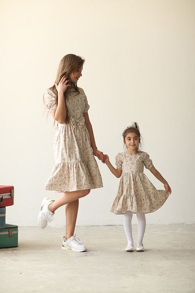 KÜÇÜĞÜM BUTİK Κρεμ-καφέ Floral Mother Daughter Combination (ΜΟΝΟ ΠΩΛΕΙΤΑΙ)