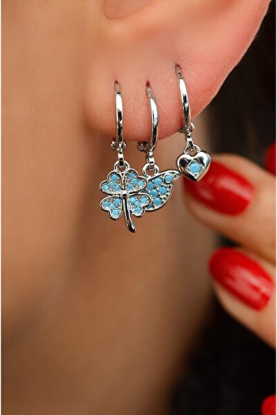 Sacce Scarves&Accessories Mavi Firuze Taşlı Minik Kuş Ve Yonca Figürlü 3'lü K...