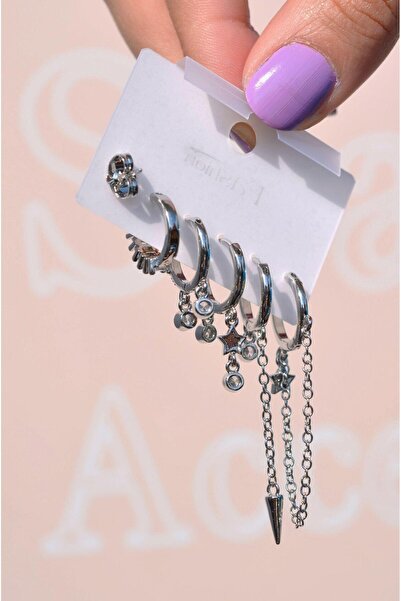 Sacce Scarves&Accessories Asimetrik Zincir Sallantılı Küpe Seti 6 Parça Gümüş Renkli