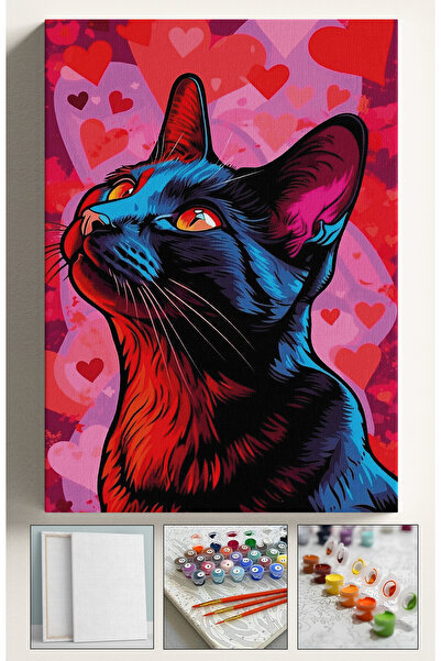 Akihabara Sayılarla Boyama Hobi Seti Çerçeveli KALPLİ SİYAH KEDİ Kasnaklı 40x...