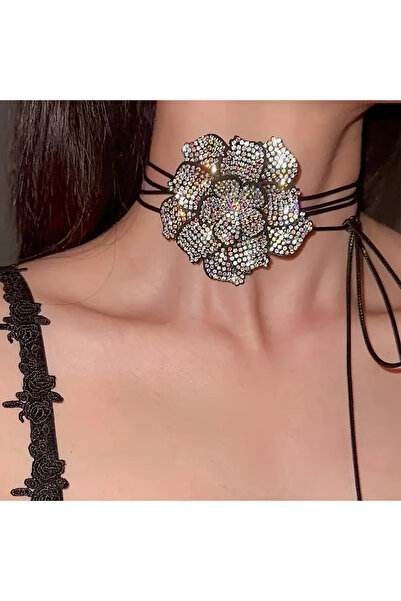 Ras Vintage Rhinestones Dolu Çiçek Yaka - İpli-Çok Katmanlı Püskül Kolye boyu...