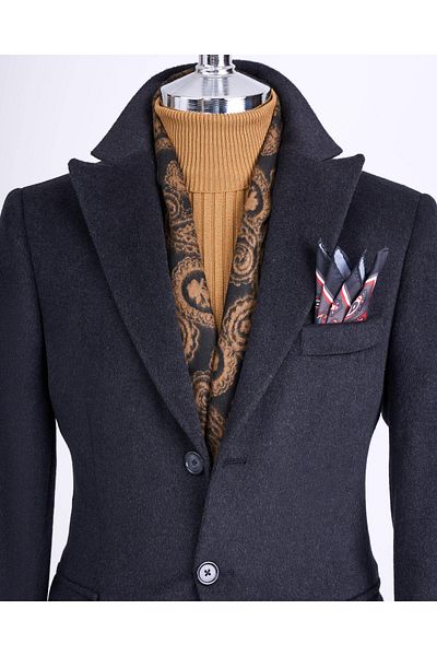 TerziAdemAltun Anthracite Stamp Men's Coat - Italian Style, Slim Fit, Pointed Collar, Wool Blend T13444
