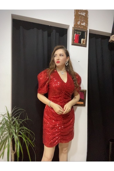 EYLÜL BUTİK Kırmızı Pul Payet Elbise
