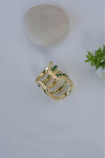 Sacce Scarves&Accessories Zümrüt Yeşili Taşlı Çoklu Earcuff Sıkıştırmalı Kıkırdak Küpesi Gold