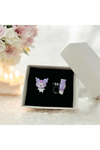 1PARÇAMAVİ Siyah hello kitty- Kuromi şeffaf görünmez klipsli çocuk küpesi - deliksiz kulak küpesi