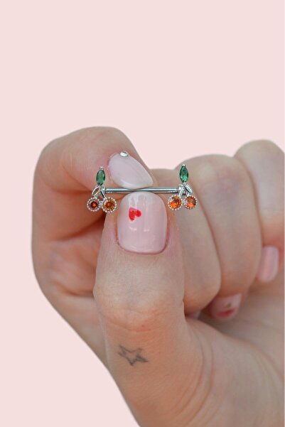 Sacce Scarves&Accessories Renkli Kirazlı Çelik Nipple Piercingi Kiraz Figürlü Göğüs Piercingi