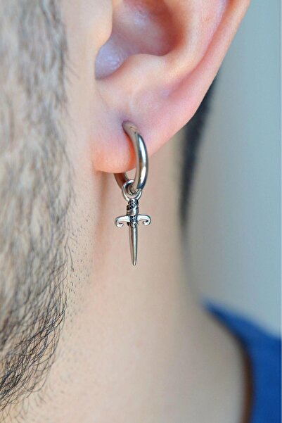 Sacce Scarves&Accessories Hançer Charmlı Gümüş Renkli Erkek Çelik Halka Küpe Hançerli