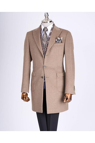 TerziAdemAltun Italian Style Slim Fit Pointed Collar Wool Blended Cashew Men's Coat Mink T13366