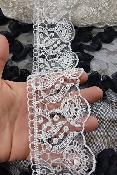 DUAYEN tül üzeri işleme dantel girdap kenar desen 1 metre krem renk