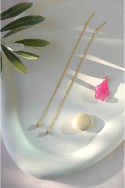 Sacce Scarves&Accessories 3 mm Tektaşlı Uzun Zincir Küpe Geçmeli Dolanan Zincirli Küpe