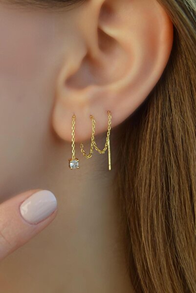 Sacce Scarves&Accessories 3 mm Tektaşlı Uzun Zincir Küpe Geçmeli Dolanan Zincirli Küpe