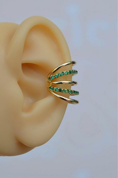 Sacce Scarves&Accessories Emerald Green Stone Multiple Earcuff Compressed Cartilage Earring Gold