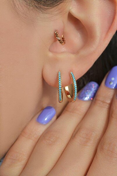 Sacce Scarves&Accessories Firuze Taşlı İnce Halka Küpe