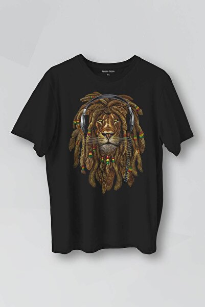 Kendim Seçtim Rasta Lion Reggae Music Aslan Kulaklık Baskılı Unisex Siyah Tişört