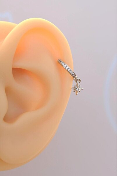 Sacce Scarves&Accessories Kutup Yıldızı Halka Tragus Piercing Helix Kıkırdak Küpesi Gümüş Renkli