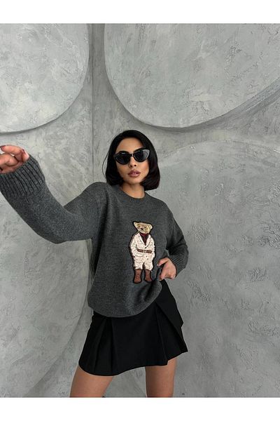 Askı Nişantaşı Anthracite Teddy Bear Embroidered Knitwear Sweater