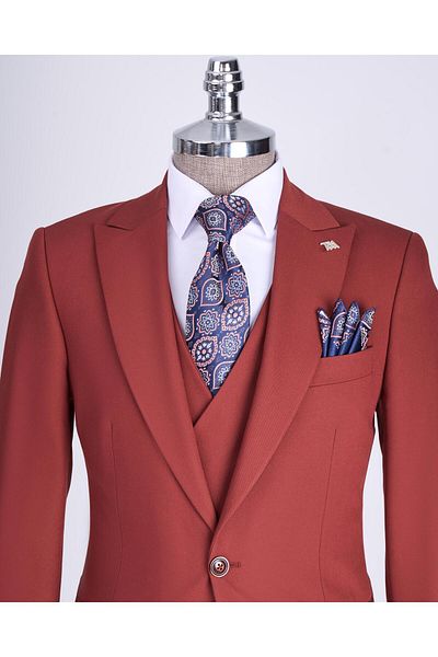 TerziAdemAltun Set jachetă și vestă slim în stil italian de culoare cărămidă - T13496