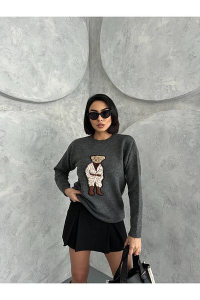 Askı Nişantaşı Anthracite Teddy Bear Embroidered Knitwear Sweater