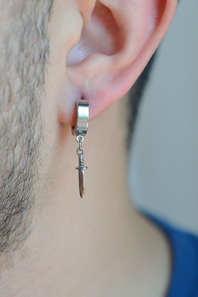 Sacce Scarves&Accessories Men's Silver Colored Blade Figured Steel Hoop Earrings Dagger