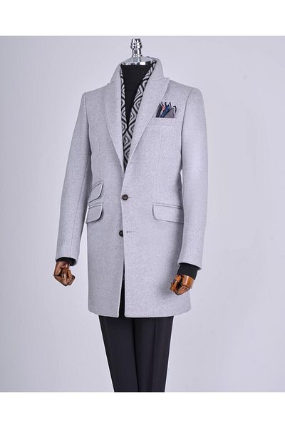 TerziAdemAltun Italian Style Slim Fit Men's Pointed Collar Wool Blended Coat Gray T10858