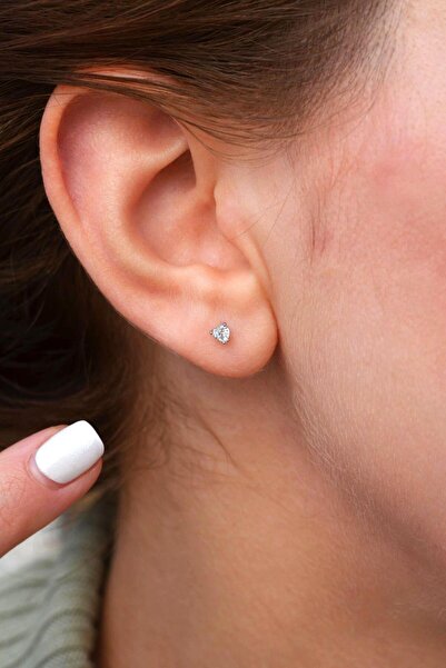 Sacce Scarves&Accessories Gümüş Renkli Mini Tektaş Kalp Küpe Kalp Taşlı Küpe Kalpli Küpe 3 mm