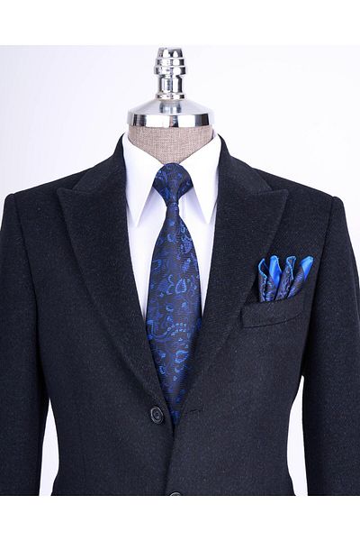 TerziAdemAltun Italian Style Slim Fit Pointed Collar Wool Blended Cashew Men's Coat Navy Blue T13456