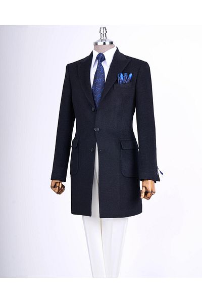 TerziAdemAltun Italian Style Slim Fit Pointed Collar Wool Blended Cashew Men's Coat Navy Blue T13456