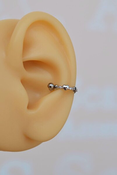 Sacce Scarves&Accessories Gümüş Renk Mini Kalpli Helix Piercing Kalpli Taşlı Conch Piercingi