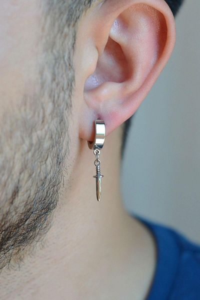 Sacce Scarves&Accessories Men's Silver Colored Blade Figured Steel Hoop Earrings Dagger