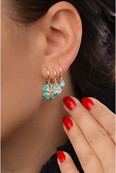 Sacce Scarves&Accessories Mavi Firuze Taşlı Yonca Figürlü 3'lü Küpe Seti