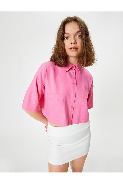 Koton Short Sleeve Pocketed Crop Linen Shirt - Comfortable Fit
