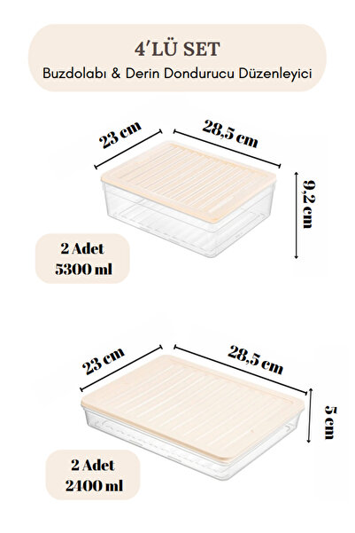 Flash Bazaar طقم منظم للثلاجة مكون من 4 قطع - حاوية تبريد للميكروويف، 2 × 2400 مل، 2 × 5300 مل مع غطاء كريمي