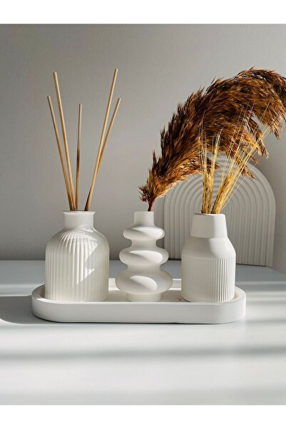 ART Doğal Taş Iskandinav Tarzı Minimalist 3'lü Vazo ve Sunum Tabağı - Şık Ev ...