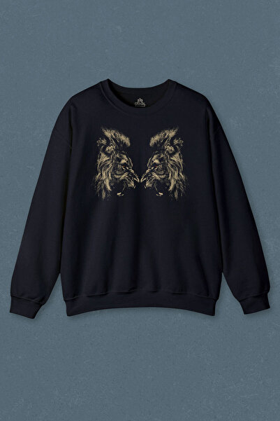 so cool Тъмносиня суитшърт с лице в лице ревящи лъвски глави Суитшърт с лъвск...