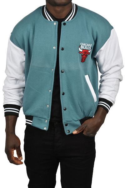 Rizz up Men's Turquoise Three Thread Bull Embroidered College Collar Coat Jacket 2304770