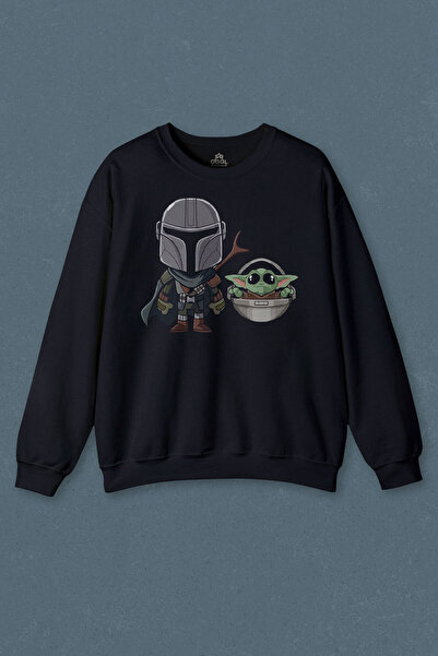 so cool Lacivert Sweatshirt Baby Yoda Mando Figür The Mandalorian Bebek Yoda Star Wars Baskılı Unisex Sweat