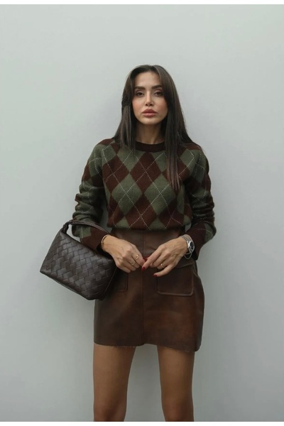 Nisantasimoda Kadın Kahverengi Omuz Dikişli Baklava Desen Kazak