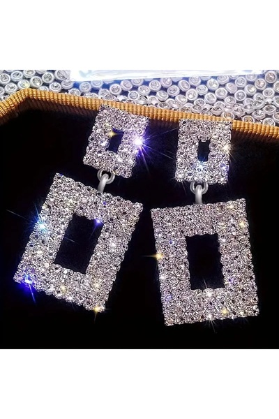 Mumicemum Sallantılı Küpe Parıldayan Geometri Taşlı Tasarımı Gümüş Kaplama