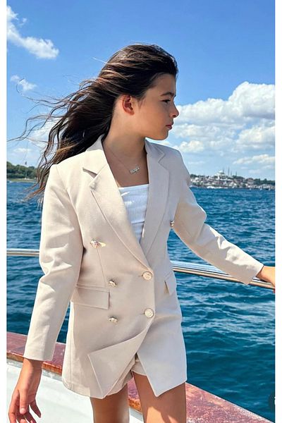 Hilal Akıncı Kids Girl's Gold Buttoned Blazer Jacket Colorful Shorts Set of 2