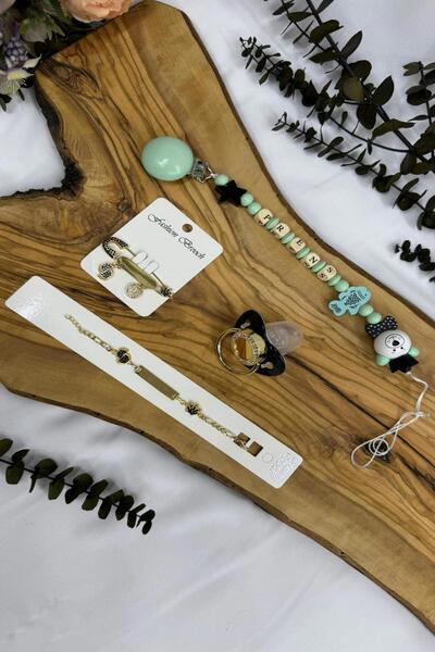 Serap Yılmaz Sahi Isimli Bebek Emzik Zinciri ve Yaka İğneli Künye Seti (0-6 A...