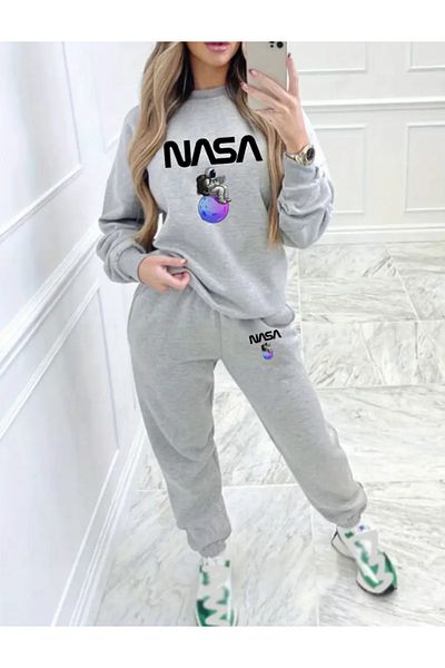 Derays Γυναικείο σετ φόρμας με στάμπα Nasa με λαιμόκοψη κάτω-κορυφή