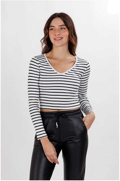 BİGÜMEX V-Neck Striped Knitwear Crop