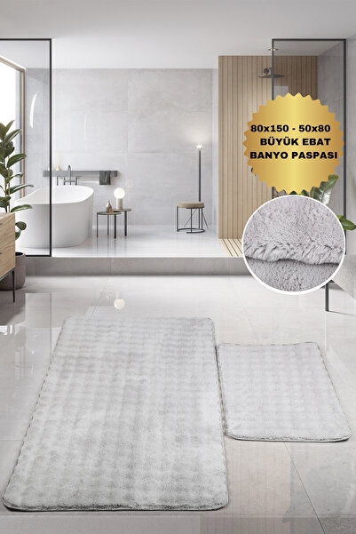Teksev Bubble Gri Büyük Boy Banyolar İçin 2'li Banyo Paspası Seti Kaymaz Taba...